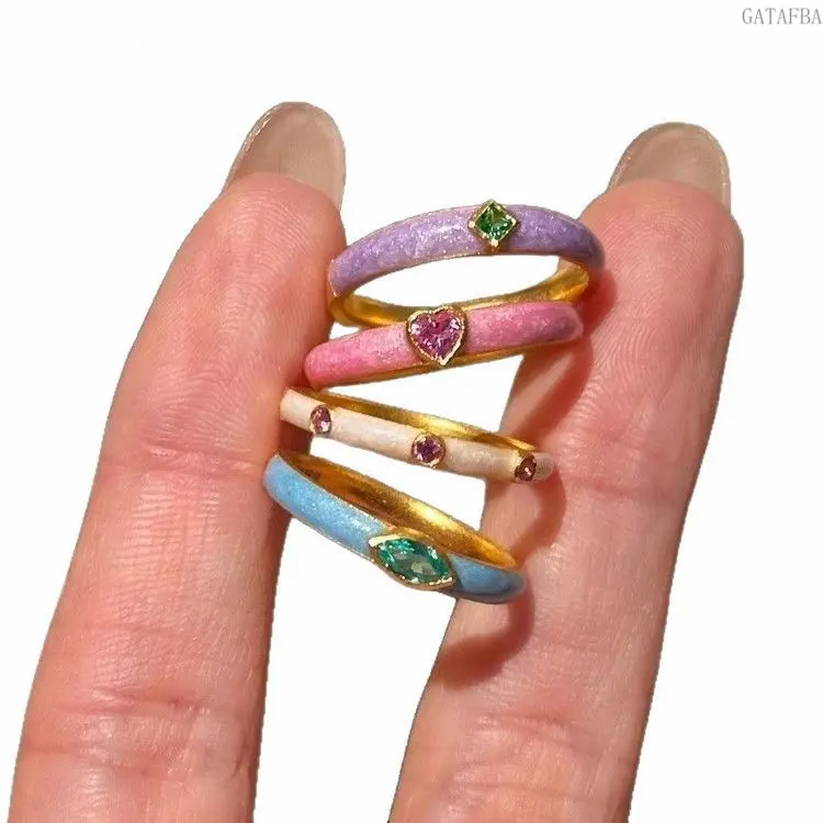 Women's Vintage Dopamine Color Zircon Enamel Rings Stackable Set, French Elegant Index Finger Bands for Daily Wear & Party, Sports & Outdoor Jewelry Gift