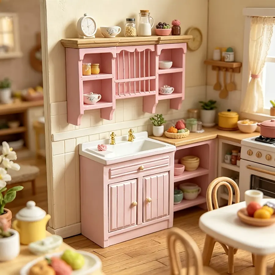 Pink Mini Kitchen Sink and Wall Cabinet 1:12 Wooden Dollhouse Furniture for Doll Kitchen Micro Cabinet Ideal Gift for Mini Decor Christmas Easter New Year