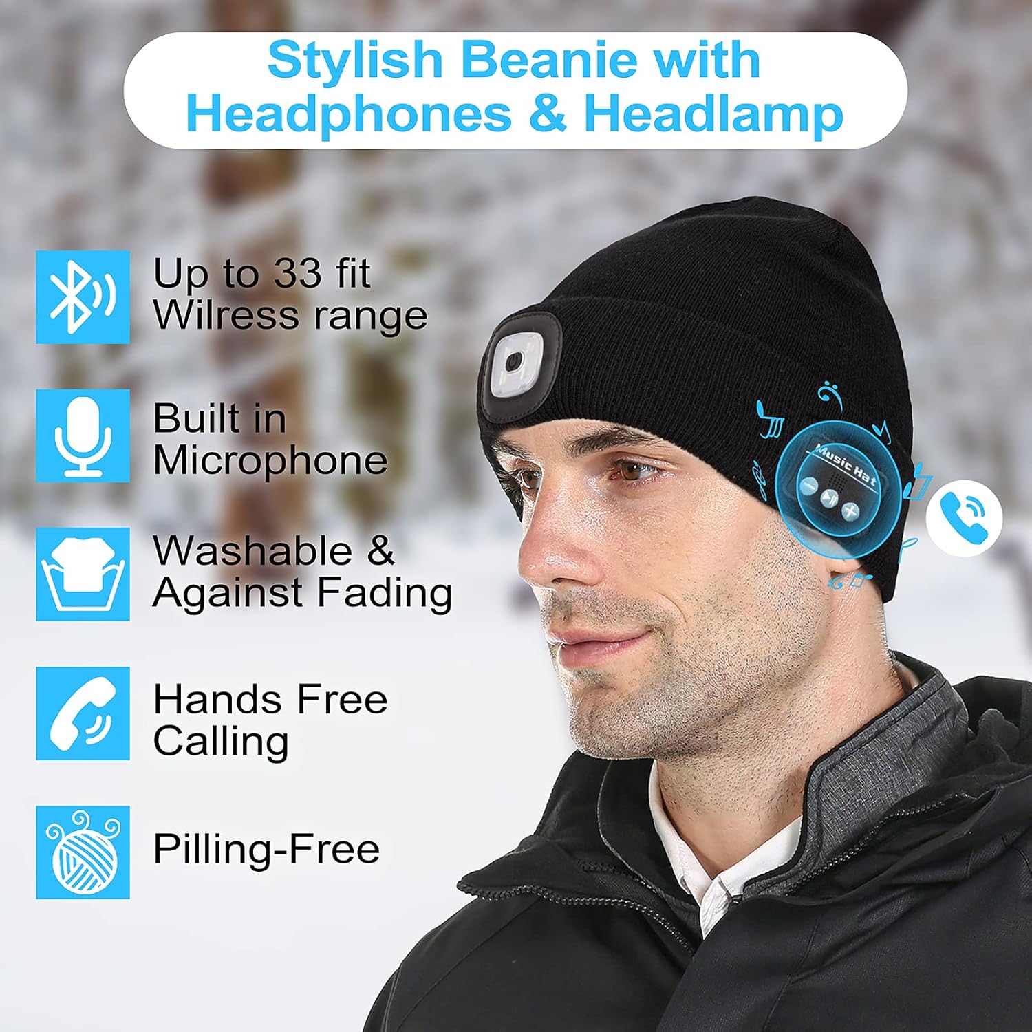 Bluetooth Beanie with LED Headlight and Removable Speaker, USB Rechargeable Wireless Knit Winter Cap Built-in Microphone for Music and Calling, Unisex Christmas Birthday Gift for Men Him Husband Teen