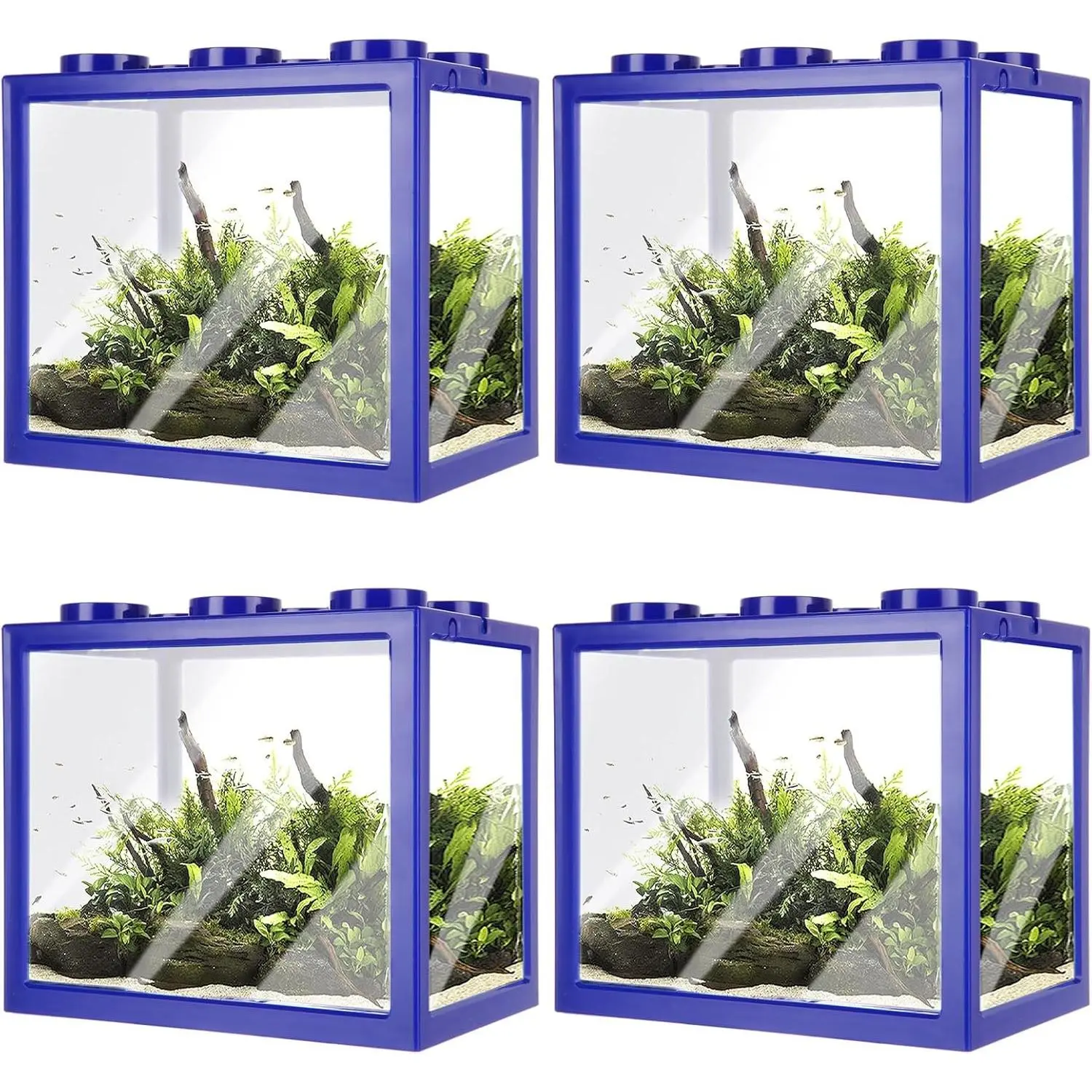 4PCS Plastic Small Betta Fish Tank 0.6 Gallon Stackable Cube Aquarium Fish Bowl for Shrimp Turtle Small Crab Blue