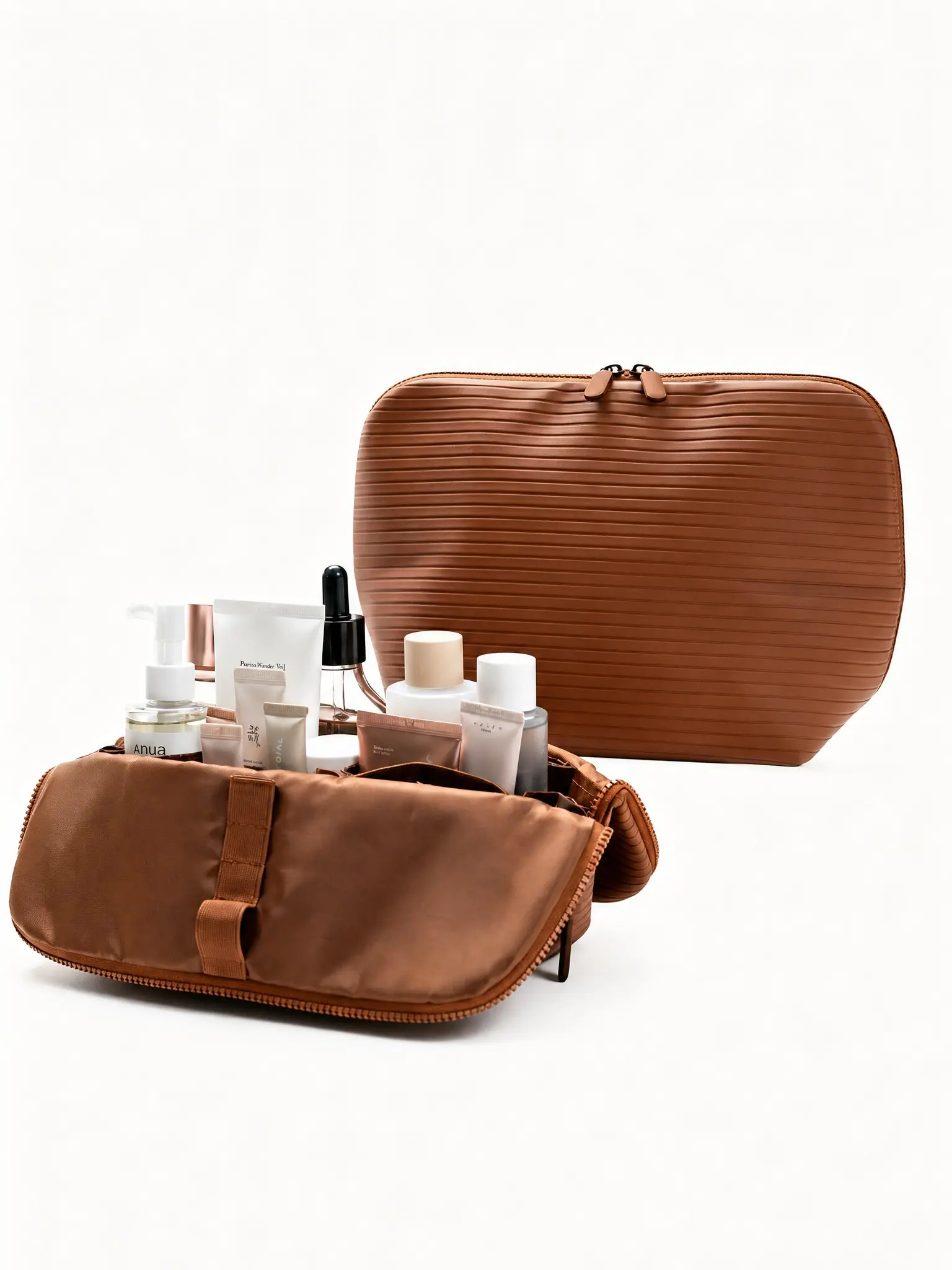 Portable Makeup Set, Lightweight Large Easy-To-Carry Beauty Bag, PU Leather Striped Makeup Storage Bag, Complete Cosmetic Kit