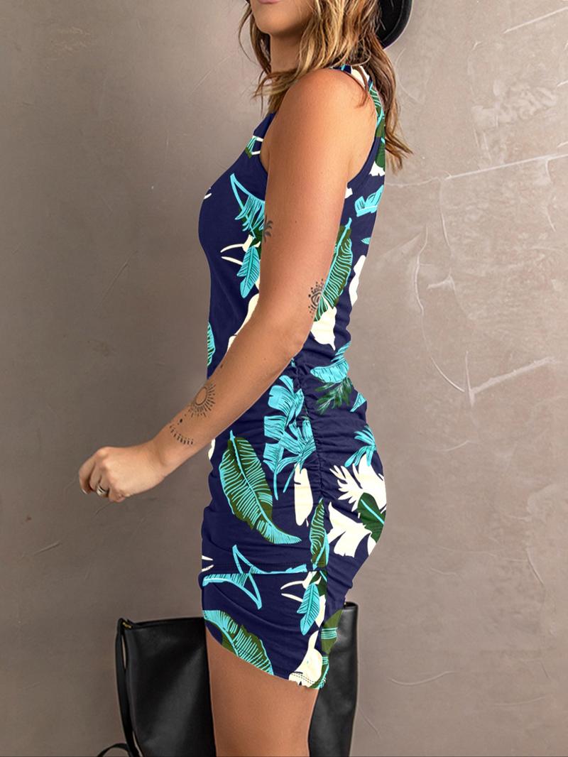 Women's All Over Print Round Neck Dress, Casual Sleeveless Dress for Spring & Fall, Ladies Clothes for Daily Wear