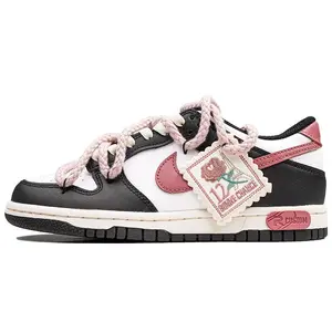 Nike Dunk Black RISK Custom Sneakers for Girls: Rose-Themed Fabric Patches and Jute Laces, Sweet-Edgy Low-Top Skate Shoes Verifiable, with credentials and supporting global authentication