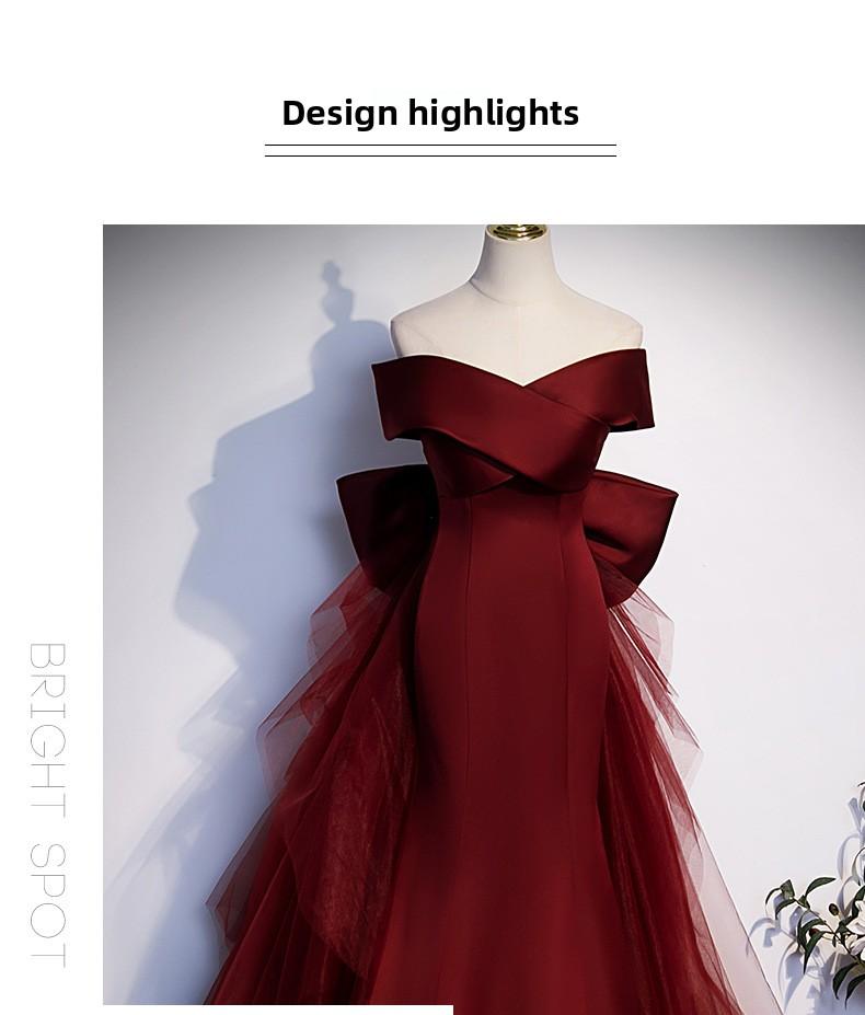 2026 New Style Wine Red Fishtail Toast Dress, Female Vocal Music Art Exam Evening Dress, Annual Party Host Off-the-Shoulder Light Wedding Dress