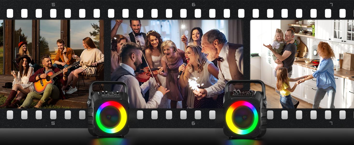 Karaoke Machine with Two Wireless Microphones, Portable Karaoke Machine for Adults & Kids, Portable Bluetooth Speaker with PA System, LED Lights, Supports TF Card/USB, AUX in, FM, USB,TWS (Black)-