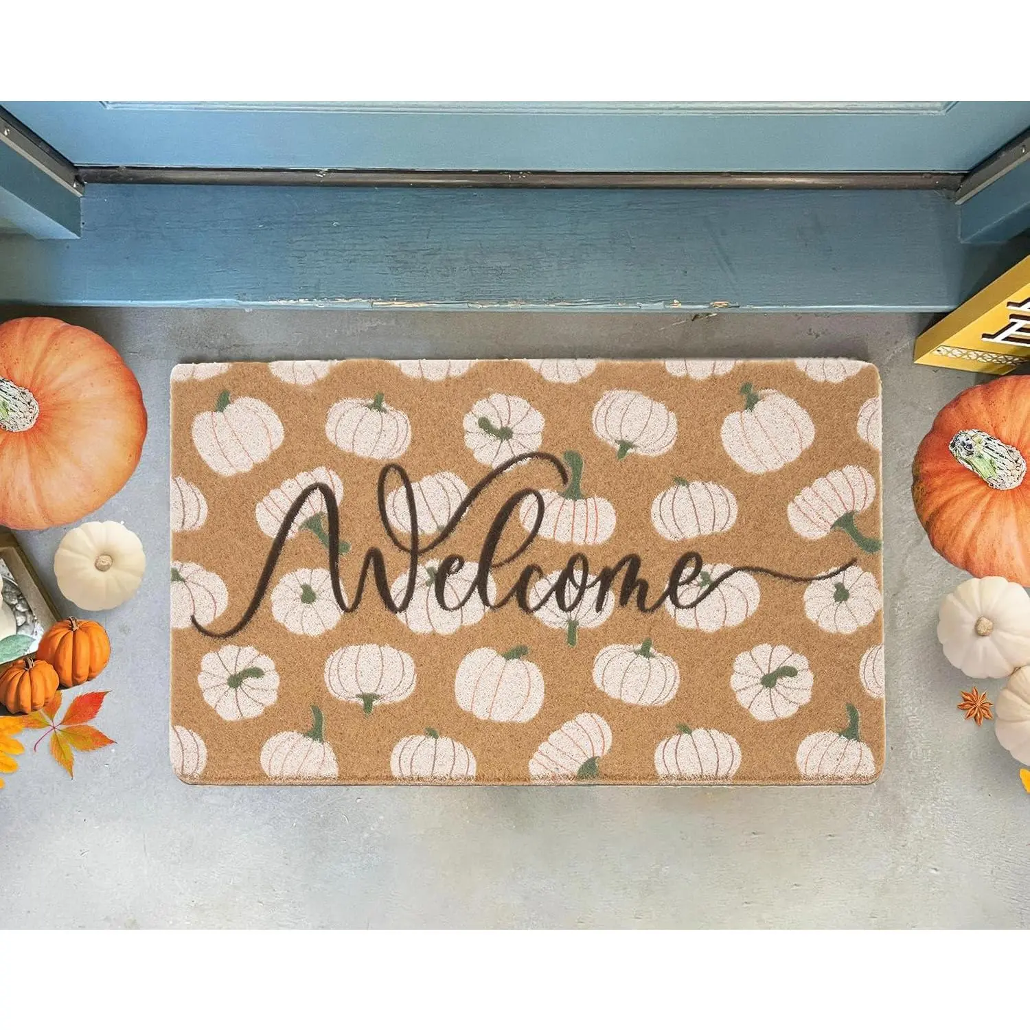 Fall Pumpkin Welcome Doormat, Non-Slip Faux Coir Mat Outdoor Harvest Decor | 17x29" front entrance mat, white pumpkin patten, festival porch mat, anti-slip backing, for front door and porch