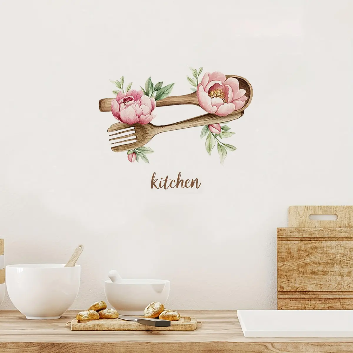 Spork Kitchen Utensil Wall Sticker, Peony Vinyl Removable Wallpaper for Kitchen Restaurant Bakery Decor, Unique Holiday Gift