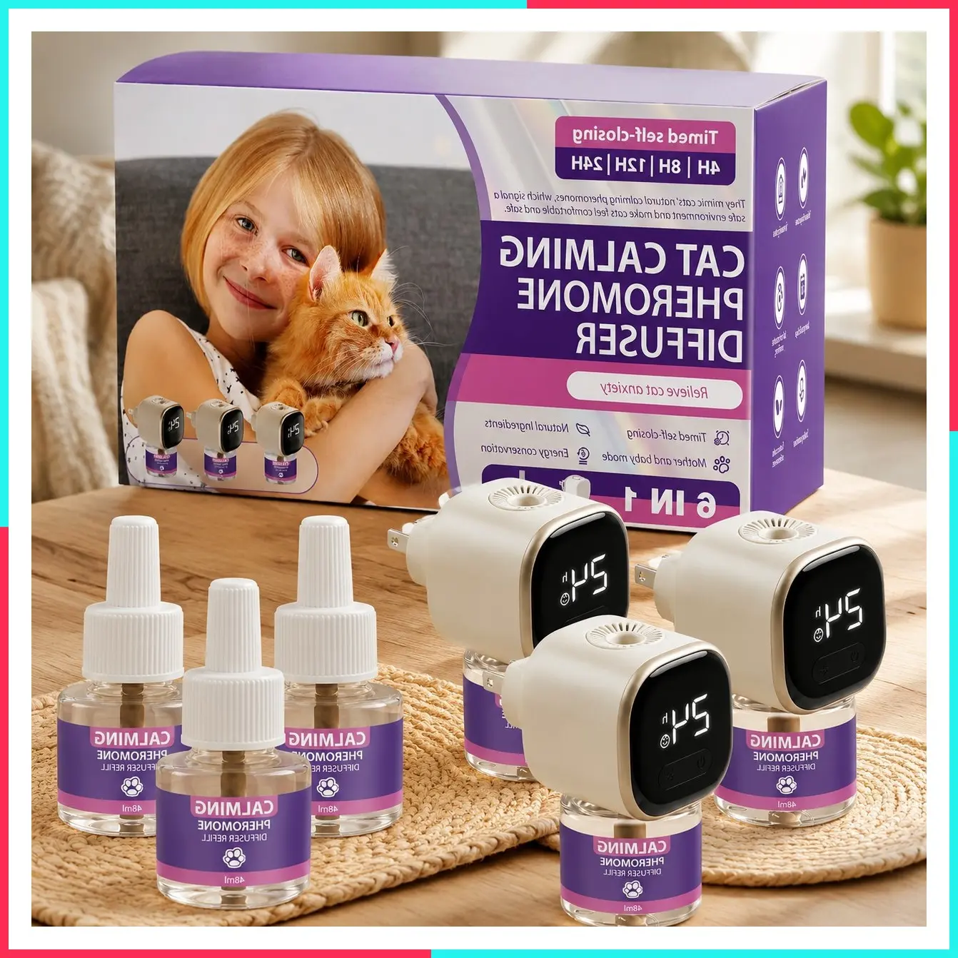 Cat Calming Diffuser Kit with Timer and Memory, Adjustable 4/8/12/24H Pheromone Diffuser 3-Pack (48ml Each) Helps Reduce Stress, Spraying, Fighting, Excessive Meowing & Scratching, Fits All Cats