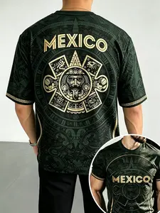 Men's Mexico Aztec Sun Calendar Print Slim Fit T-Shirt, Cultural Heritage Urban Streetwear, Premium Soft Breathable Fabric, Crew Neck Form-Fitting Silhouette, Full-Print Ancient Mayan Graphic, Perfect for Mexican Festivals, Daily Casual & Ethnic Style