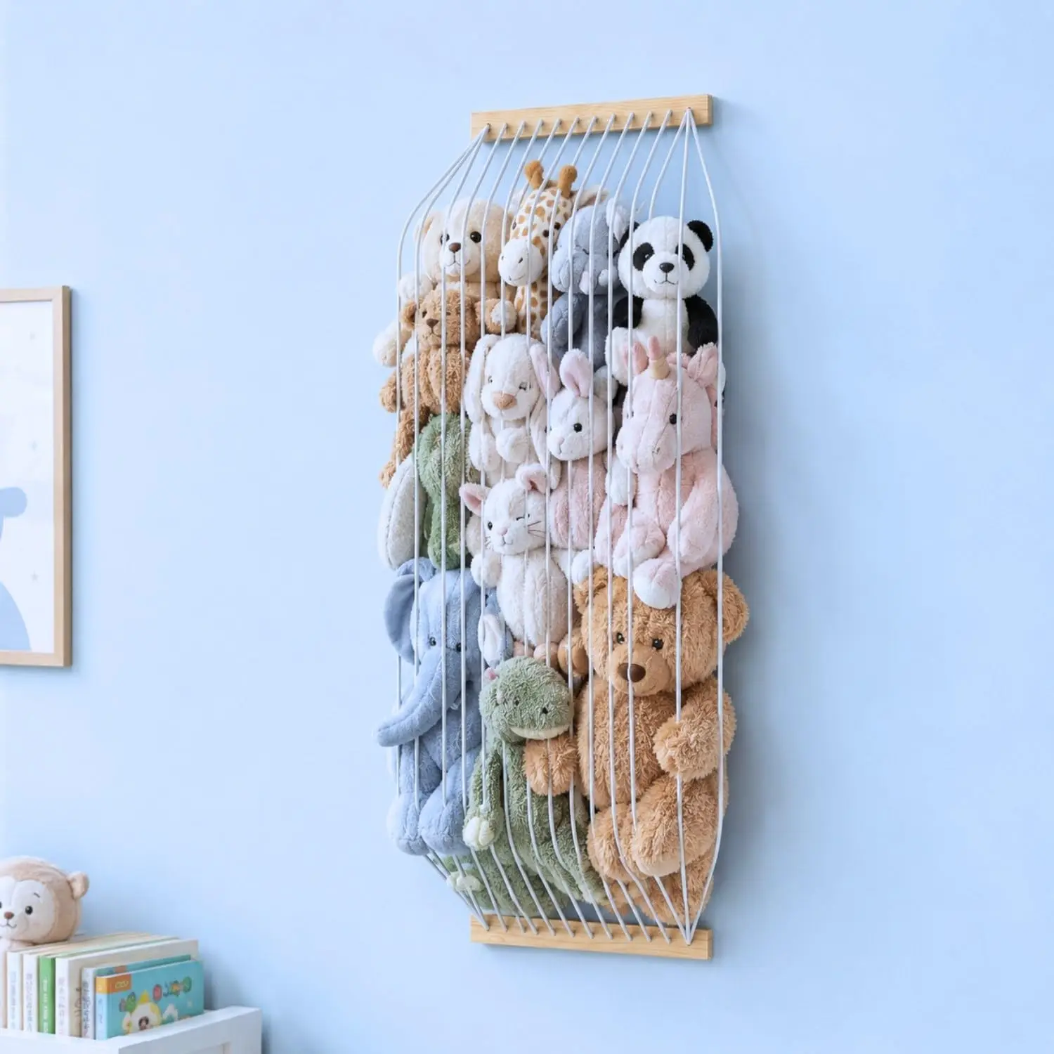 Wooden Stuffed Animal Storage Hammock - Decorative Wall-Mount Organizer for Kids’ Room Fluffy Plush Toys, Door-Mountable Gift Caddy for Playroom