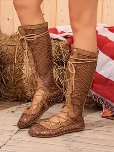 Hollow fishnet lace-up tall boots, breathable flat summer shoes for Y2K boho vintage look