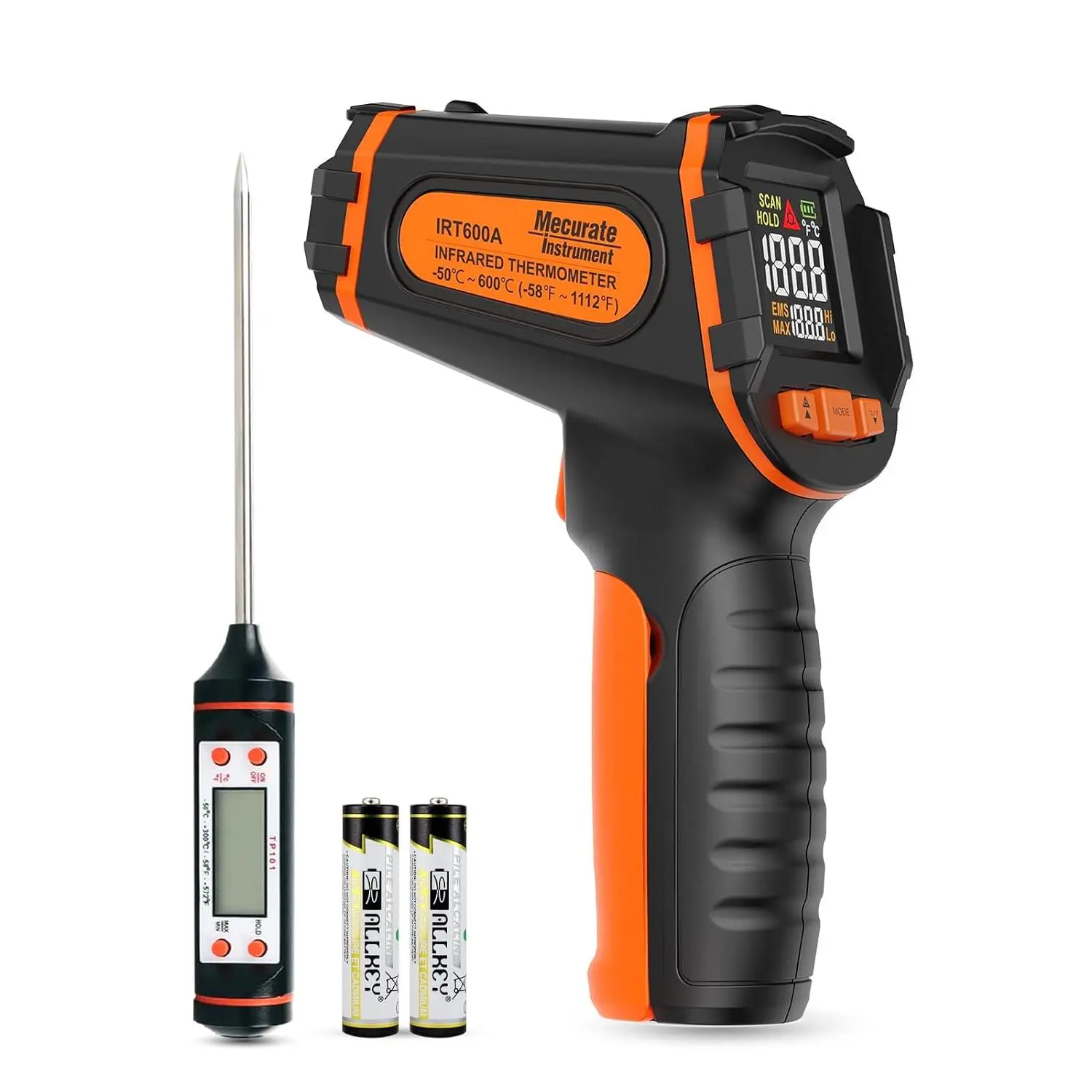 Infrared Thermometer Gun -58°F to 1112°F, Laser Temperature Gun with Adjustable Emissivity, Max/Min/Hold for Cooking, BBQ, Freezer, Industrial Use​,with Long Probe Meat Thermometer