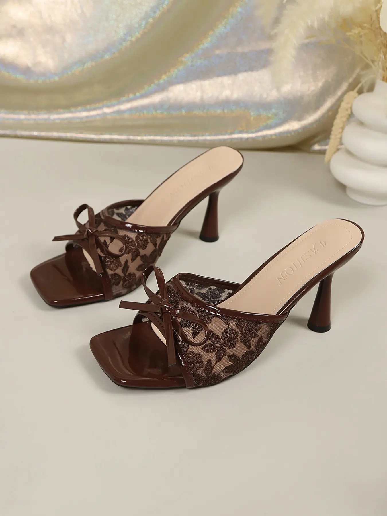Women's Lace Bow Stiletto Heel Mule Slides, Square Toe Open Toe 8.5cm Goblet Heel Sandals, Wide Fit EU Sizes Comfort Elegant Summer Slip On Heeled Slippers