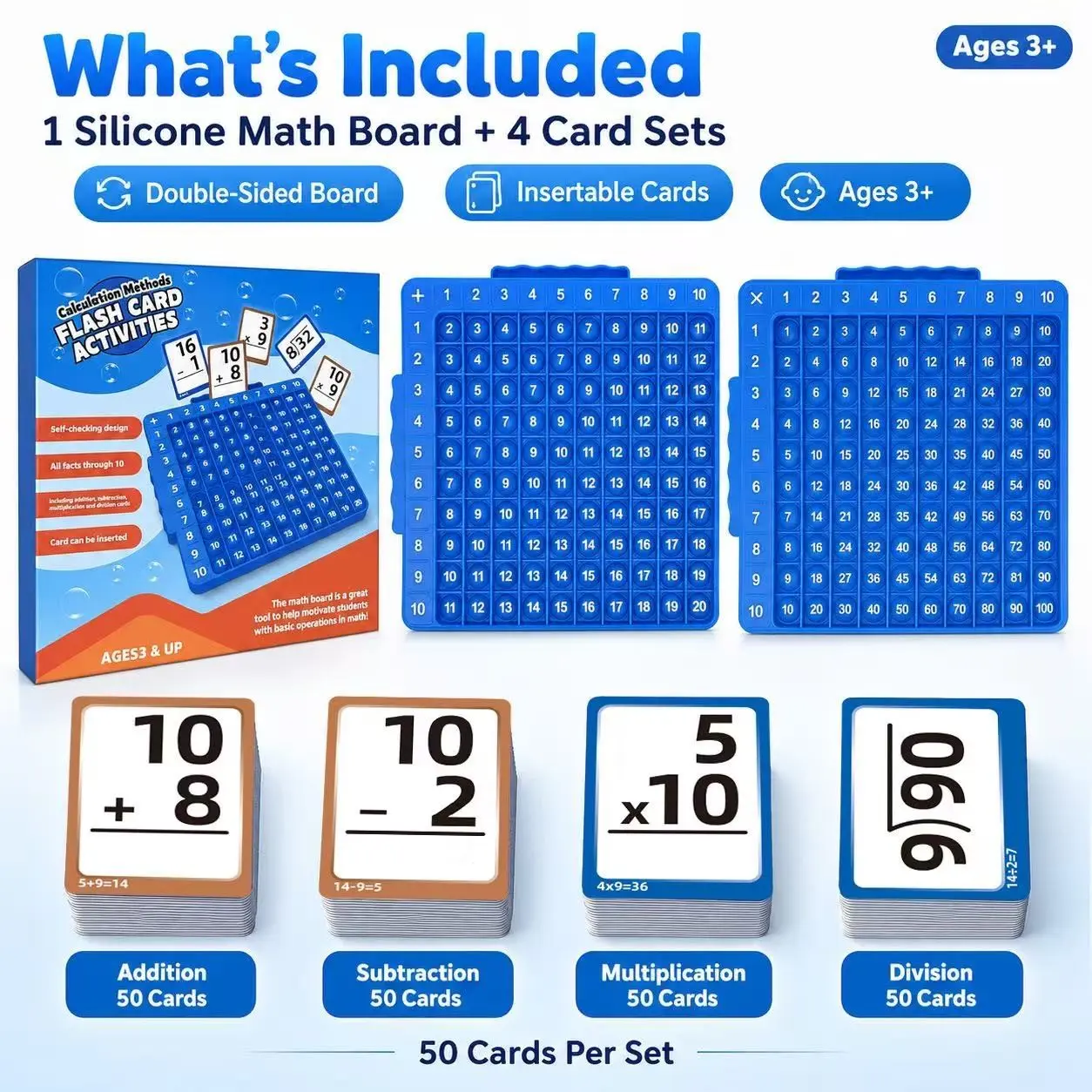 200 Math Cards Set, Dual-Sided Silicone Board, Addition Subtraction Multiplication Division Tools, Kids Learning Aids, Ages 3+