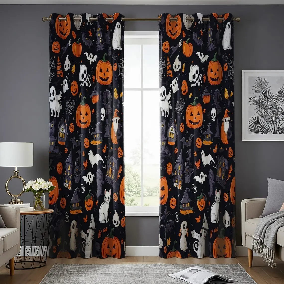 2pcs Spooky Halloween Curtains, Polyester Curtain, Ghost & Pumpkin Window Drapes, Cute Witchy Cat Decor, Haunted House Room Accent, Trick or Treat Home Style, The best holiday gift