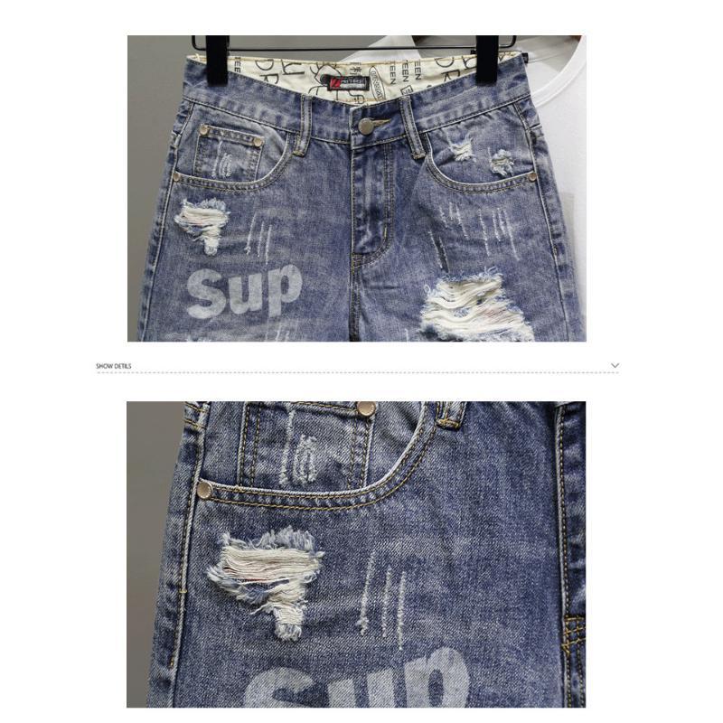 Men's Ripped Denim Shorts for Summer  Personality versatile cropped pants in cotton fabric, casual street style ee blue Korean Loose Original Streetwear Design