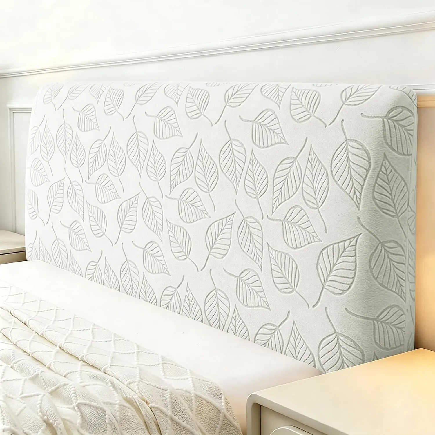 Stretch Bed Headboard Cover, Leaf Bed Headboard Slipcover Soft Dustproof Protector Cover for Bedroom Decor(Light Gray, Queen:59")