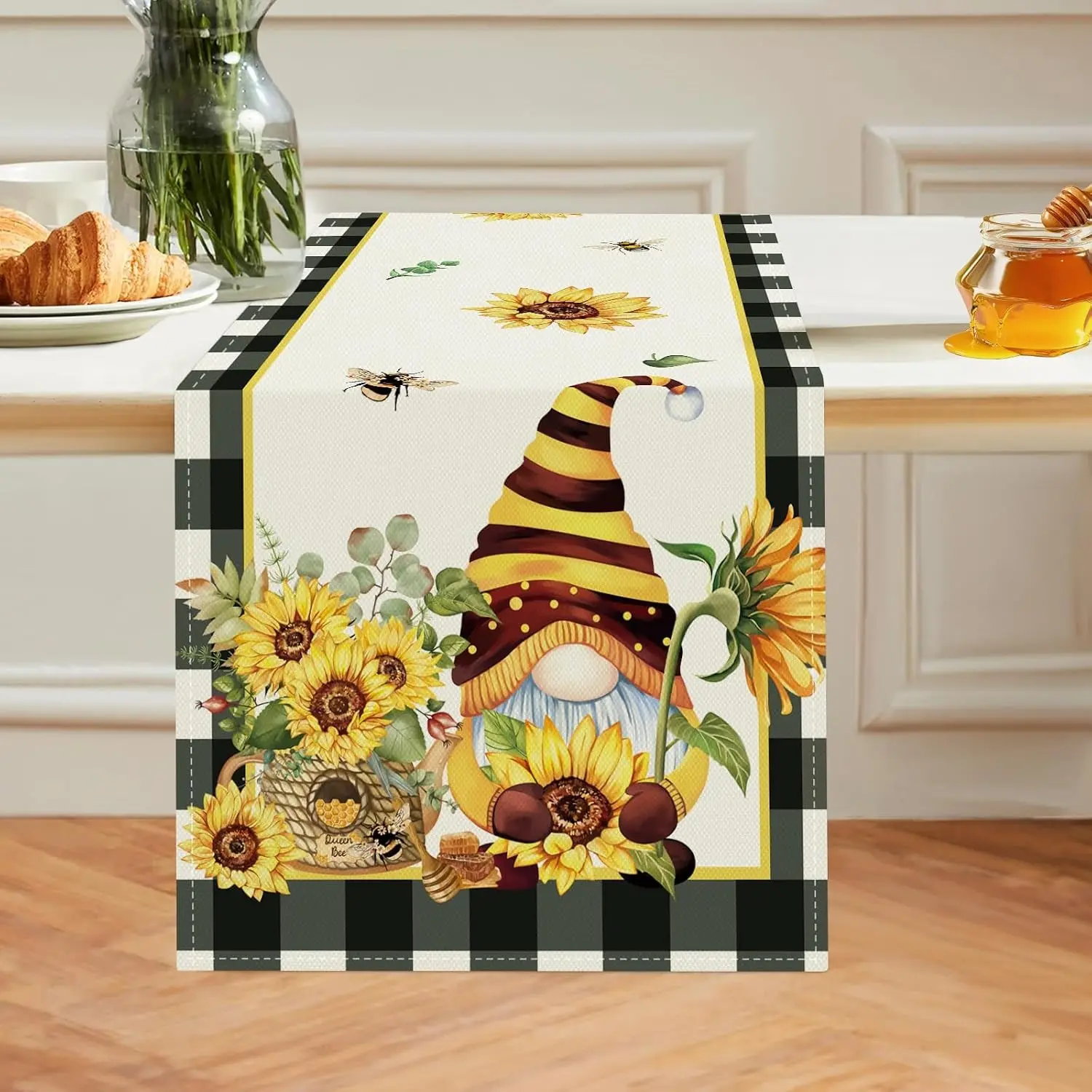 Sunflower Gnome Table Runner 13x72 Inch Bee Truck Buffalo Plaid Yellow Summer Farmhouse Kitchen Dinning Table Decoration for Indoor Outdoor Home Party Decor