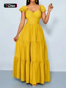 Aliling Summer Elegant Casual Women's Solid Color Dress, Square Neck Strappy Backless Ruffle Pleated Long Dress, Fitted Style, Plain Surface