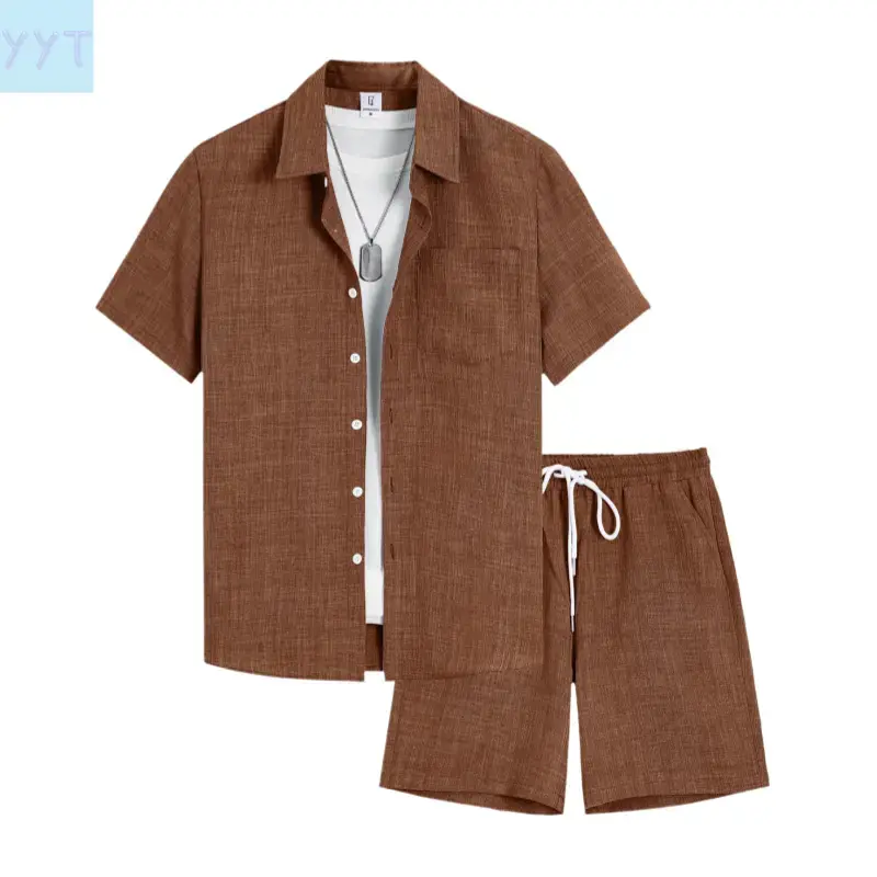 YYT1 Men’s solid-color short-sleeve shirt and shorts loungewear two-piece set, men’s sleepwear, casual comfortable top and shorts pajama set, # SummerWins