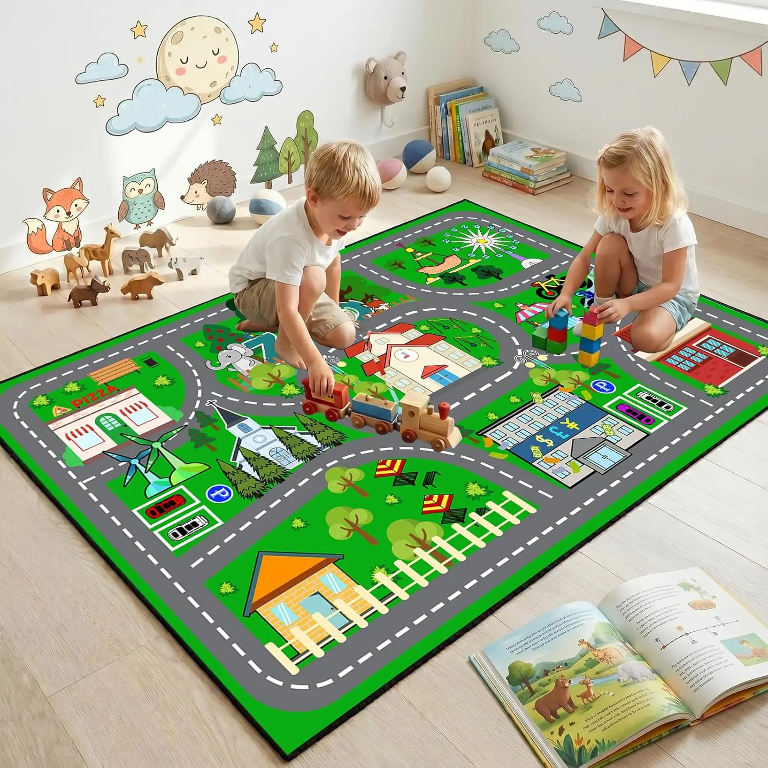 Car Rug Play Mat - Green Road Rug  Kids Boys Room, Fun Race Track Traffic Road Carpet  Boys Playmat Educational Learn, Car Carpet  Kids Room Decor Playmat Bedroom Playroom, 2.5x4 Feet New model toy