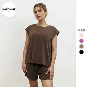 KatchMe Women's Pinstripe Cap Sleeve Loose Top  & Drawstring Decor Shorts Co-ord, Basic Two Piece Outfits for Spring & Summer, Comfortable Womenswear
