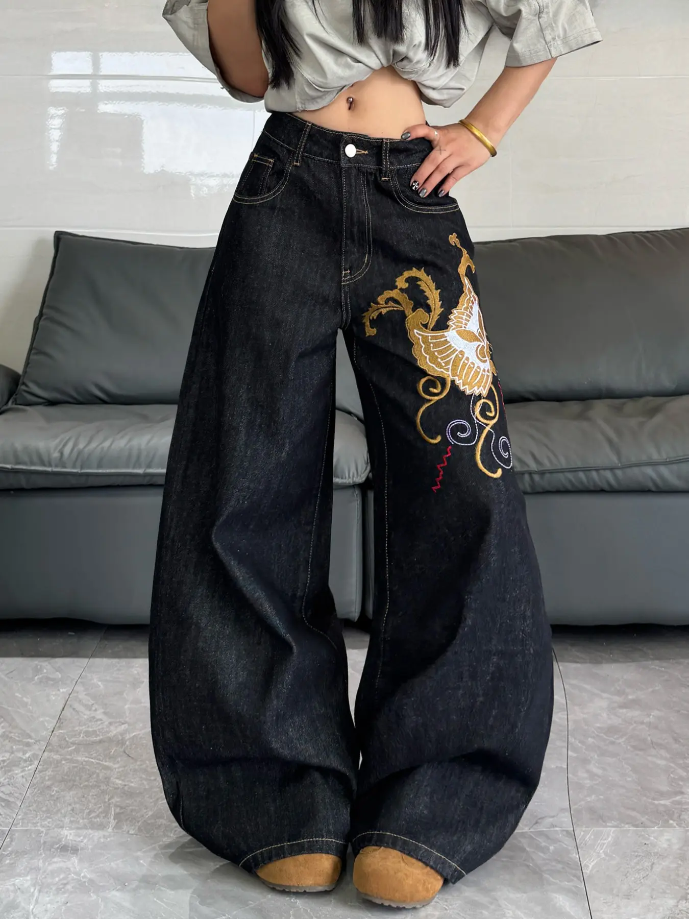 New Traditional Butterfly Gold Thread Embroidered Denim Long Pants, Women's Original Color High Street Trendy Loose Wide Leg Pants, All Four Seasons