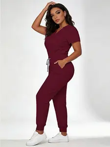 Women Two Piece Set Short Sleeve Long Drawstring Waist Medical Scrub Uniform With Pockets Nurse Workwear