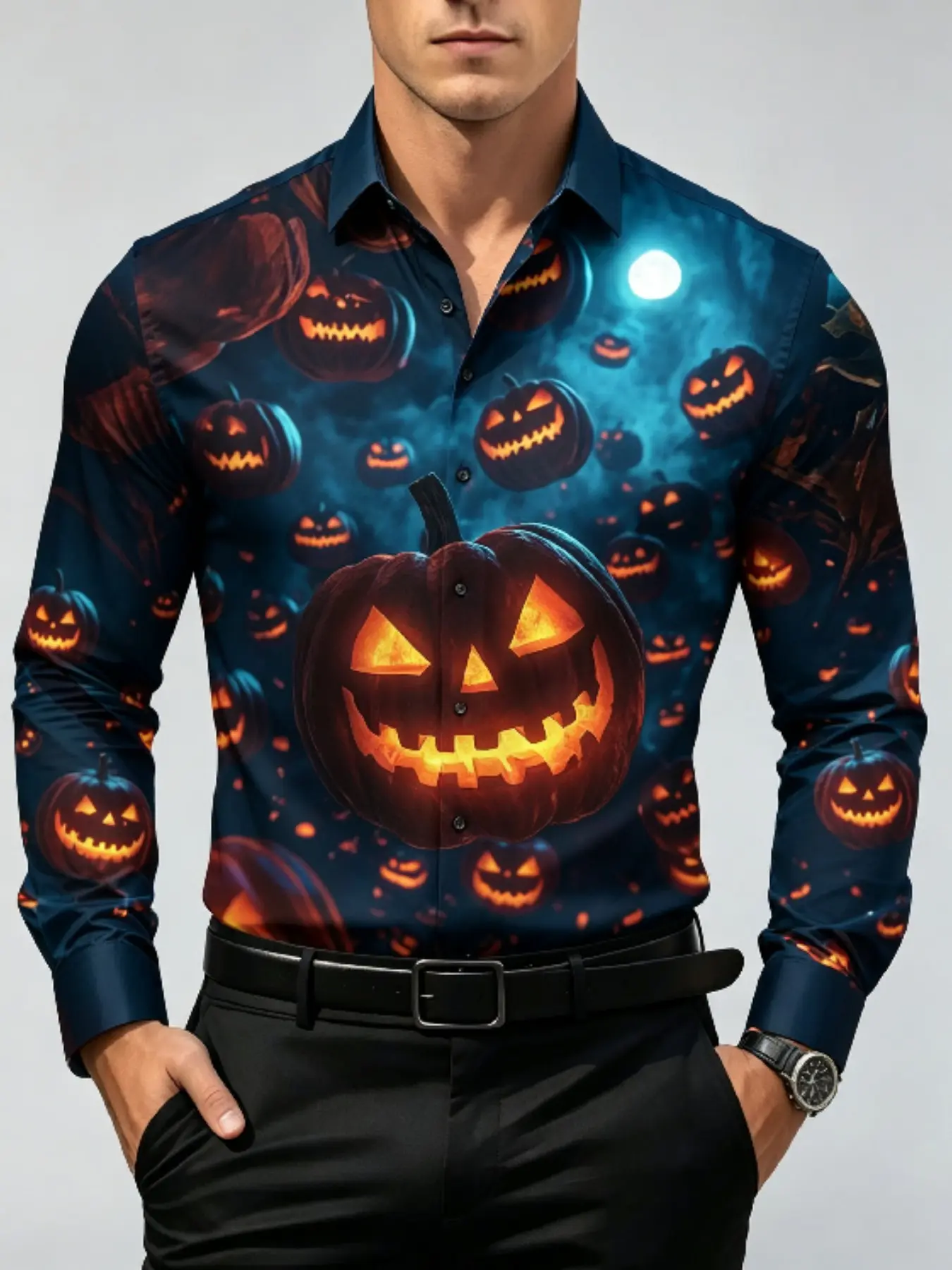 Men's Lapel Long Sleeve Button Down Shirt Sublimation Fabric Grim Reaper Skull Chain Hell Flame Print Red White Stripe Sleeve Slim Fit Halloween Horror Theme Party Casual Shirt