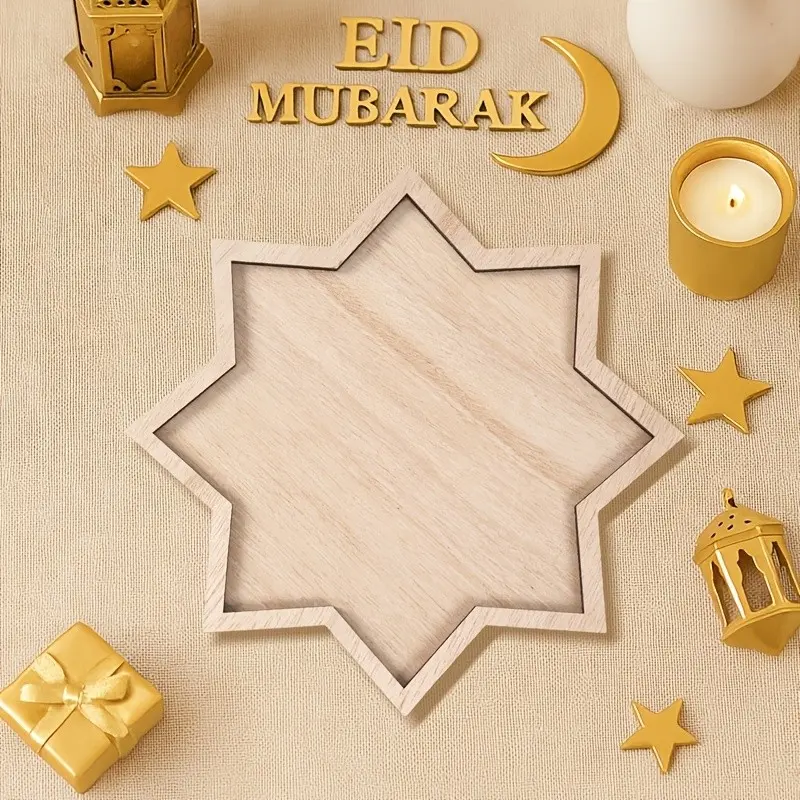 Eid Al-Adha Wooden Tray, Star-Shaped Charity Decorative Tray, Home Decoration for Ramadan, Tabletop Gift, Non-Food Contact