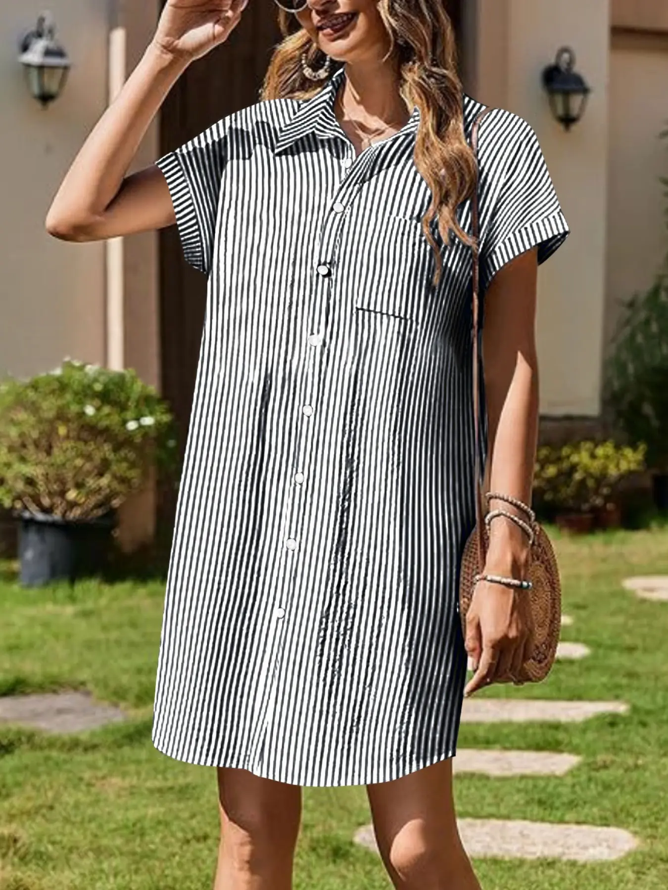 Summer Classic Striped Polo Shirt Dress, Button, Loose Fit, Conceals Belly and Hips, Slimming, Casual, Office, Vacation, Versatile Midi Dress for Women, Casual Daily Outfit