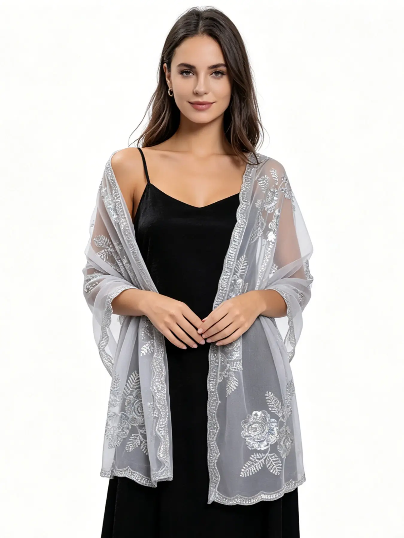 New Large Peony Flower Sequin Embroidered Shawl, Bride Bridesmaid Wedding Gown Evening Dress Shawl, Women's Fashion Accessory