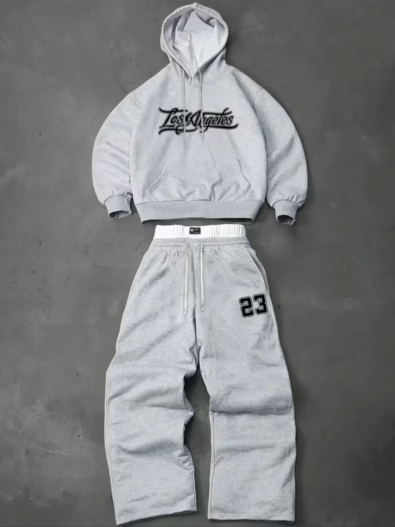 American Vintage Los Angeles Letter Print Hoodie Set, Unisex Fitted Sweatshirt and Wide Leg Pants, Fall & Winter Casual