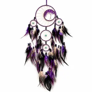 Moon Dream Catcher Wall Hanging, Boho Feather Decor with Beads, Dreamcatcher for Bedroom, Living Room, Car & Gift Décor