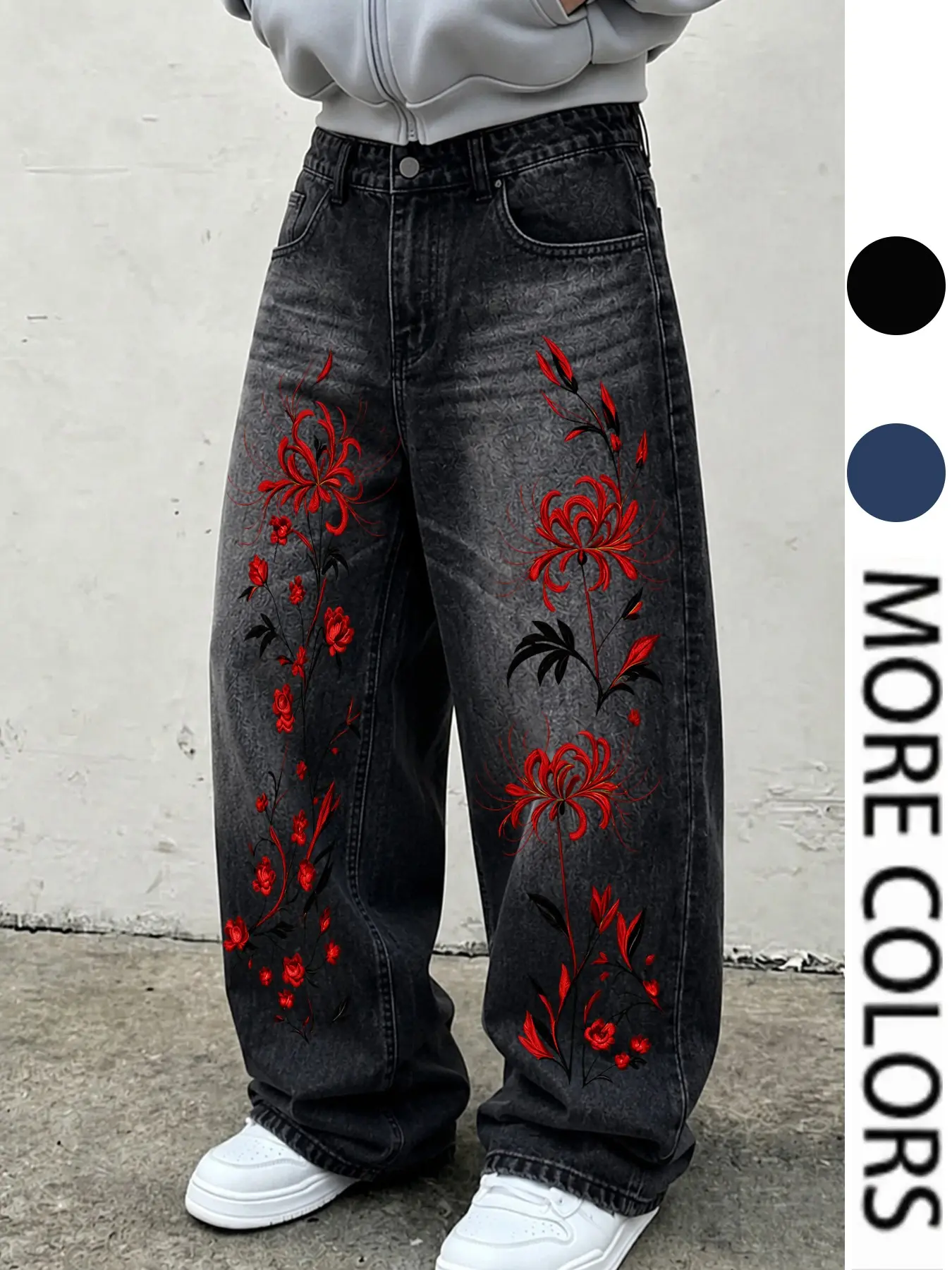 Men's Washed Black Spider Lily Jeans, Baggy Wide Leg Denim Pants with Red Floral Print, Y2K Streetwear in Multiple Colors for Fall Winter#MensJeans #SpiderLilyPrint #RedFloralPrint #WashedBlackJeans #GraphicJeans #BaggyJeans#WideLegJeans #DenimPants