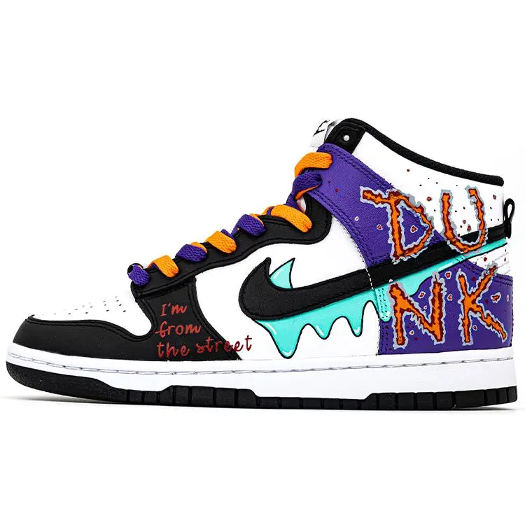 Nike Dunk Custom High-Top Sneakers for Men: Streetwear-Inspired Graffiti Design with Retro Style, Non-Slip Durable Sole Verifiable, with credentials and supporting global authentication