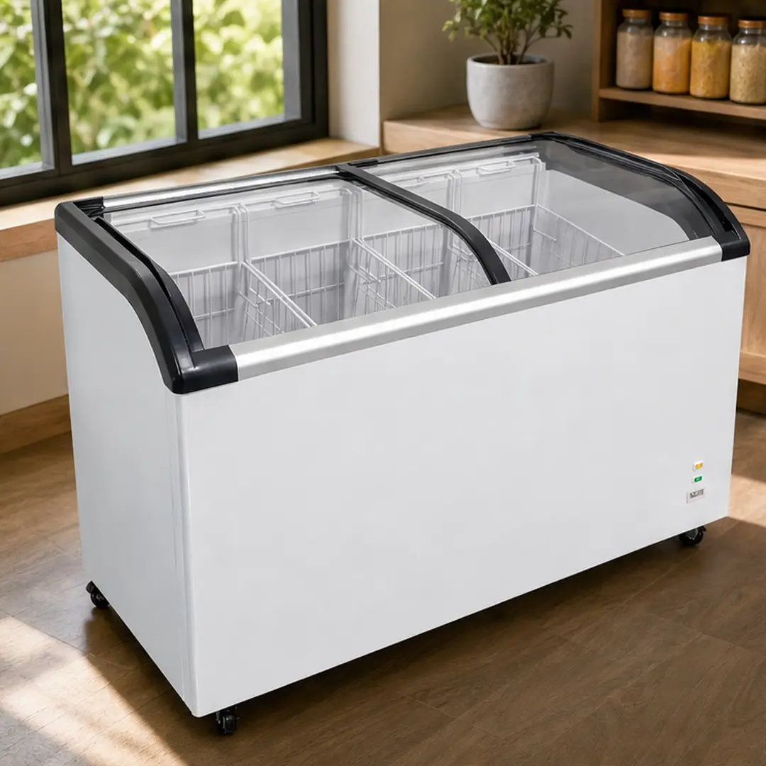 ARCH 9.8 Cu.ft Commercial Chest Freezer Curved Sliding Glass Lid Ice Cream Display Freezer with LED Lighting, White Steel Mobile Deep Freeze for Ice Cream Shop, Grocery Store, Convenience Store, -9.4°F to 5°F Adjustable Temperature, 2 3/4 Inch Insulation,