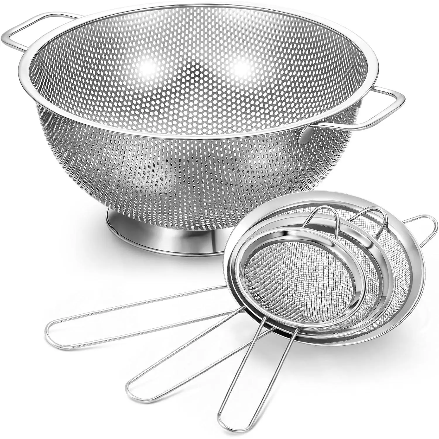 5 Quart Stainless Steel  Colander and 3 count  Fine Mesh Strainer, Stainless Steel Pasta Rice  Metal Strainer with Handles, Easy Clean and Dishwasher Safe