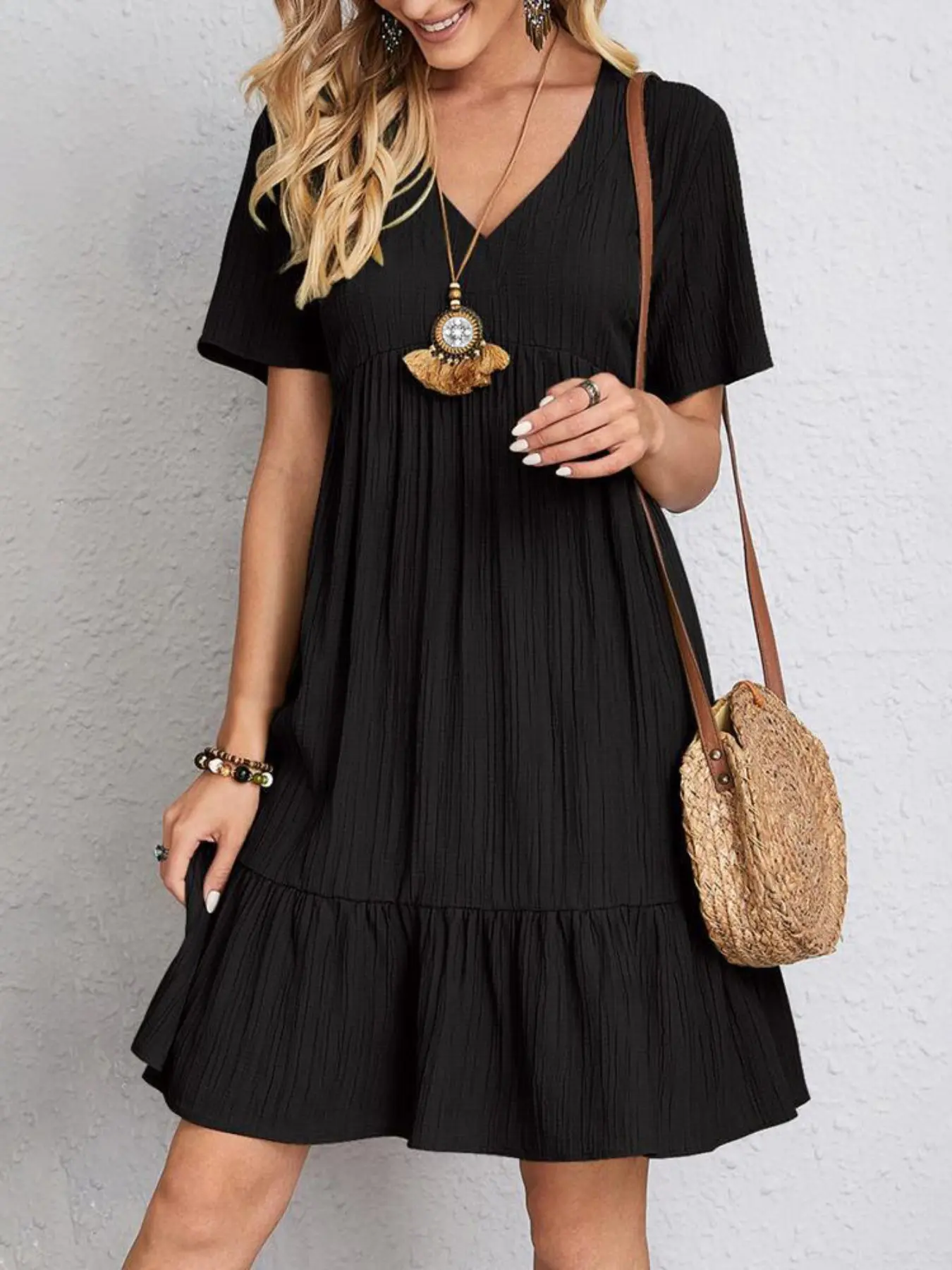 Women's Solid Color Short Sleeve Midi Dress, V Neck, Ruffled Hem, Loose Flowing Fit, Textured Fabric, Summer Vacation Dress, Casual