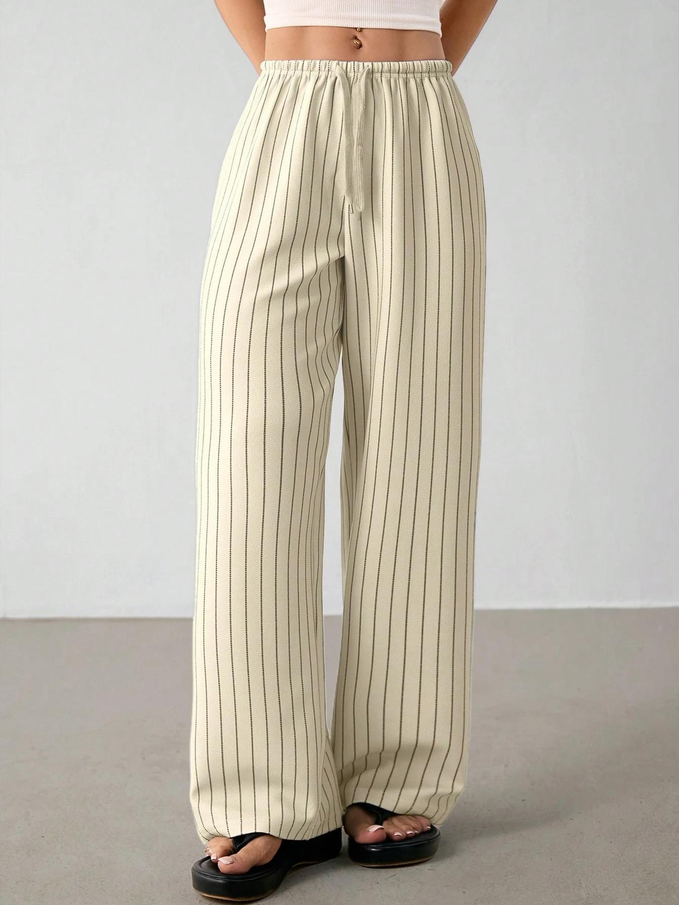 Women's Stripe Print Woven Wide Leg Pants, Casual Comfy Trousers for Daily Wear, Ladies Bottoms for All Seasons