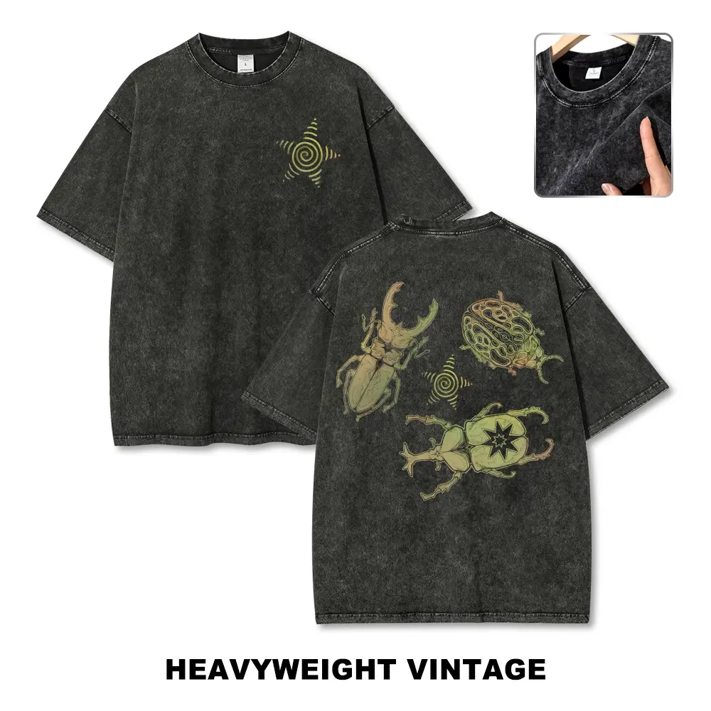 DTG Three Gradient Beetles Spiral Star Back Print Unisex Graphict Washed T-Shirt Personalized Pattern Y2k Clothing Round Neck Washed T-Shirt,Women's Clothing 100% Cotton, Menswear, Top, Vintage Style,Summer Casual Oversized