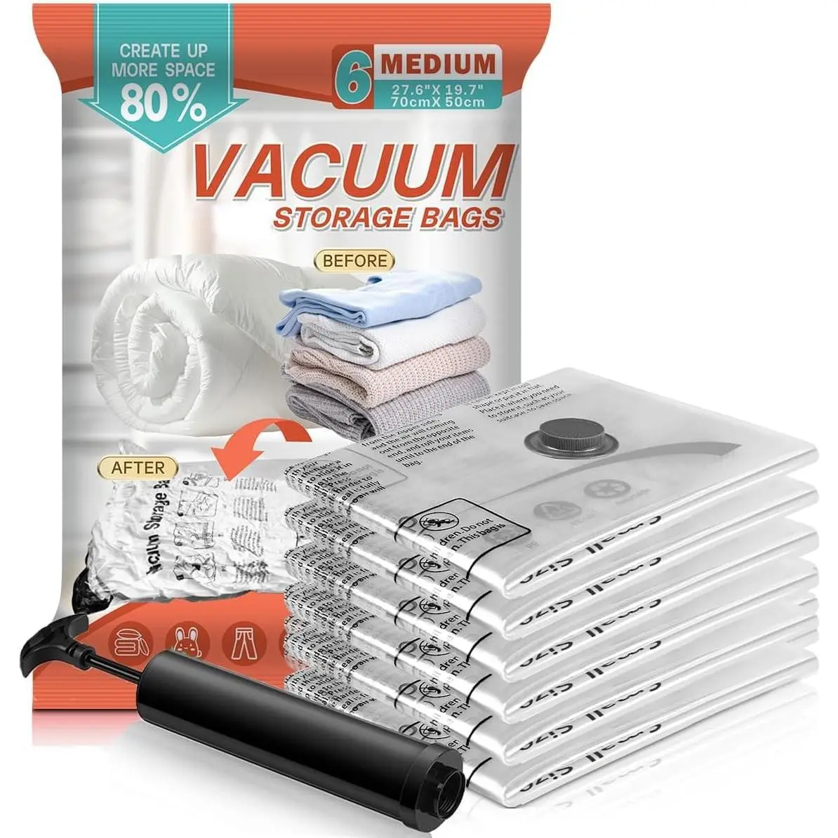 Vacuum Storage Bags 6 Pack Medium - Space Saver Bags for Comforters, Blankets, Clothes with Hand Pump - Compression Sealer Bags for Travel, Luggage, Moving, Closet Organization.