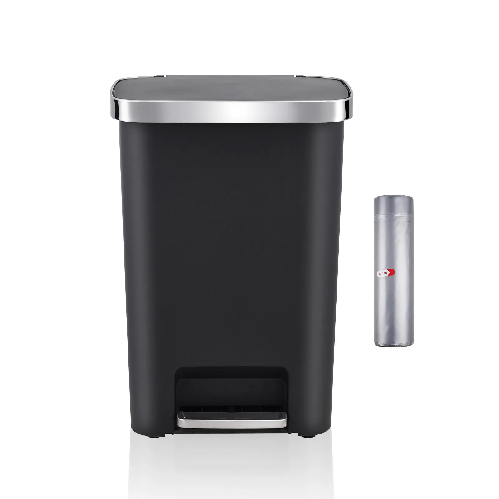 51L (14 Gallon) Black Plastic Step Trash Can, No Inner Bucket, Liner Included