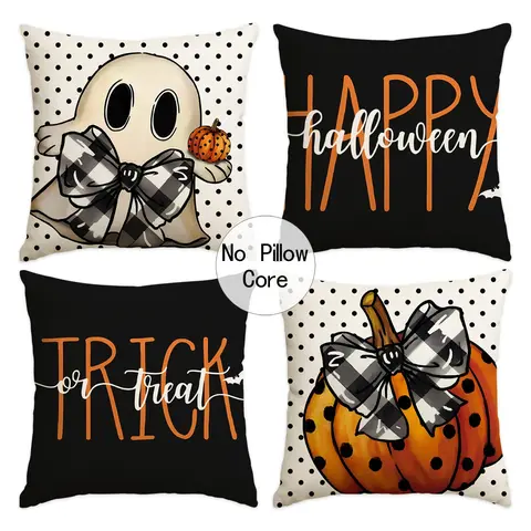 4pcs Halloween Pillow Cover, Bow Ghost Halloween Night Modern Decoration Sofa Cushion Cover, Bow Pumpkin Halloween Pillow Cover, Suitable for Bedroom, Living Room, Sofa, Car (No Pillow Core)