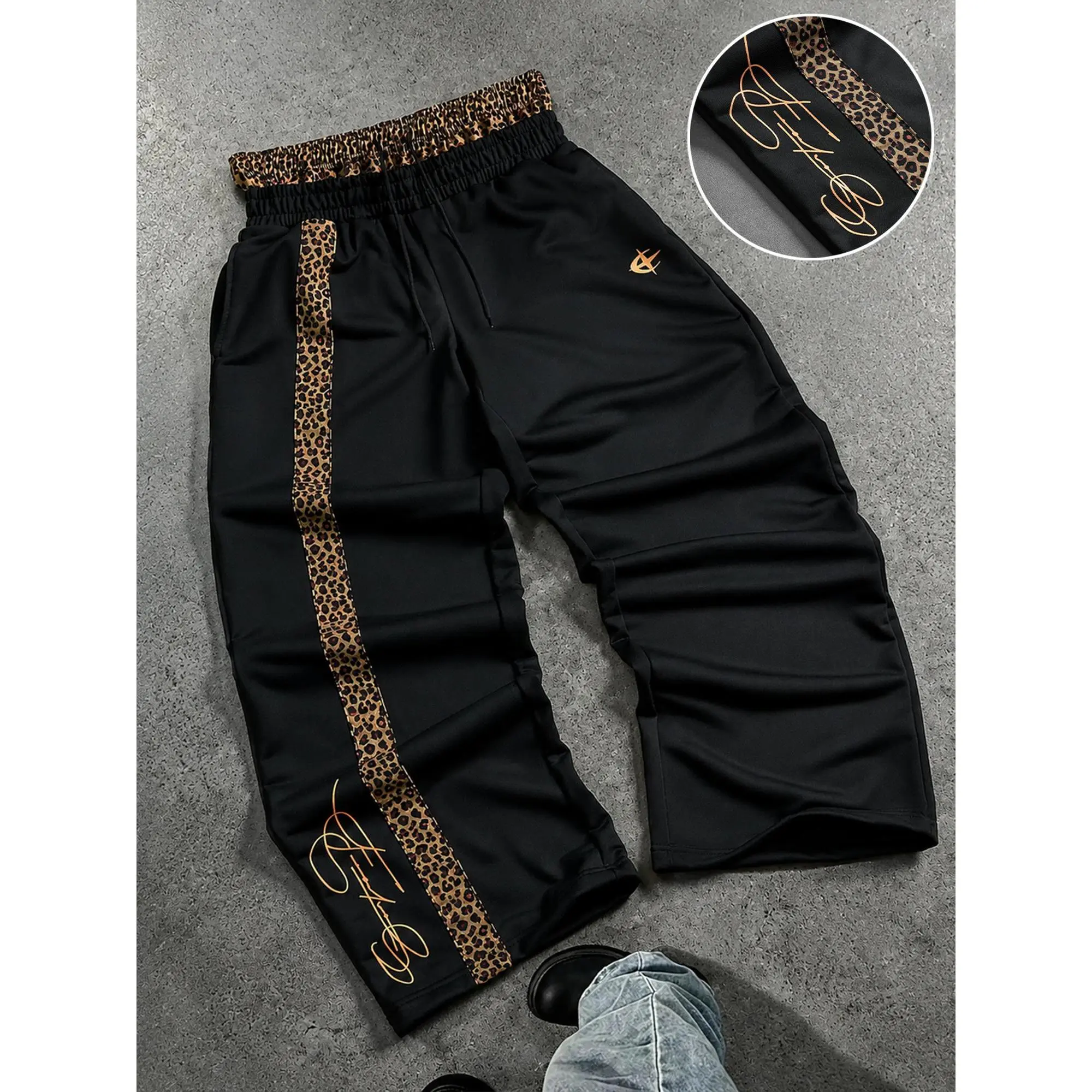 Men's Leopard Print Patchwork Sweatpants Streetwear Drawstring Elastic Waist Wide Leg Track Pants Embroidered Logo Casual Joggers Hip Hop Baggy Trousers Y2K Vintage Side Stripe Athletic Pants Loose Fit Stretch Soft Trendy Fashion, Baggy Track Pants, Machi