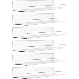 6 Pack Acrylic Shelves for Wall Storage, 15" x 4" Floating Bookshelves for Kids, Display Shelf Organizer for Bathroom, Bedroom, Living Room, Kitchen, Room Decor, Clear