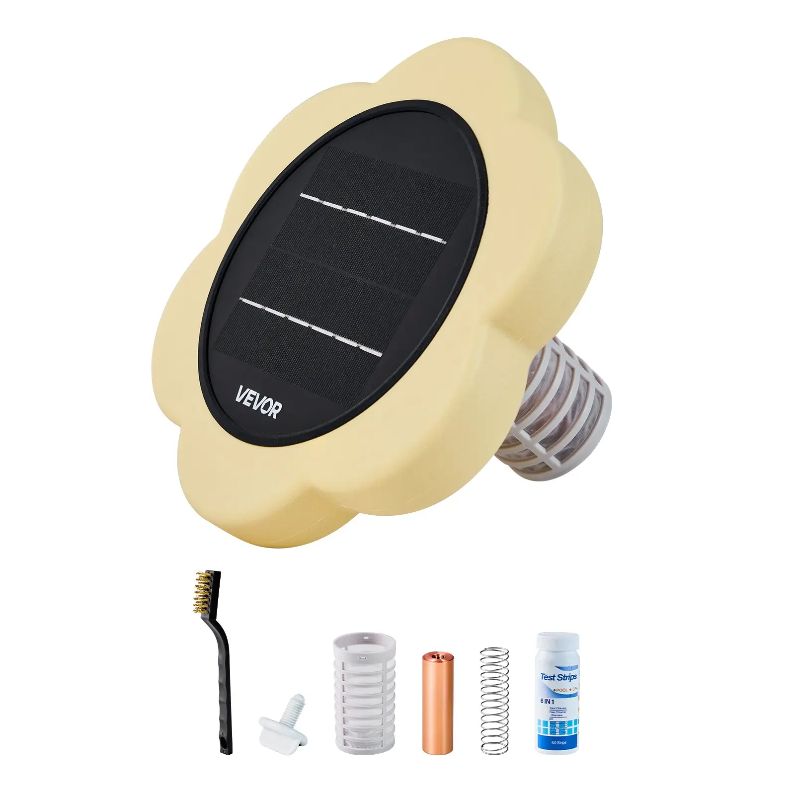 VEVOR Solar Pool Ionizer, Petal Copper Pool Ionizer Up to 45000 Gal, Floating Automatic Water Cleaner and Purifier, Chlorine Free Water, with Copper Anode, Spring, Brush and Filter for Pools Spas