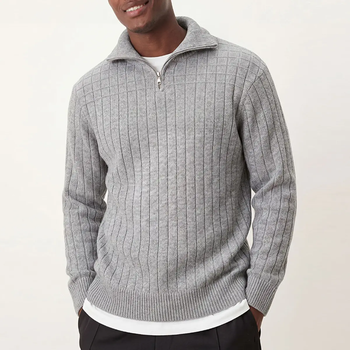 Men's Casual Loose Fit Vertical Ribbed Knit Pullover, Long Sleeve Half-Zip Top for Daily Wear and Commuting, Menswear, Knitwear, Longsleeves, Pullover Sweater, Half Zip Front, Clothes, Machine Wash, Medium Length
