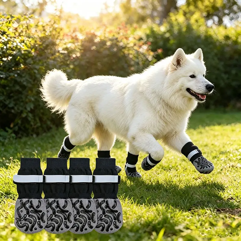 4pcs Non-Slip Dog Socks with Adjustable Straps, Anti-Scratch Pet Paw Protectors for Dogs & Cats, Indoor Traction Control Foot Covers