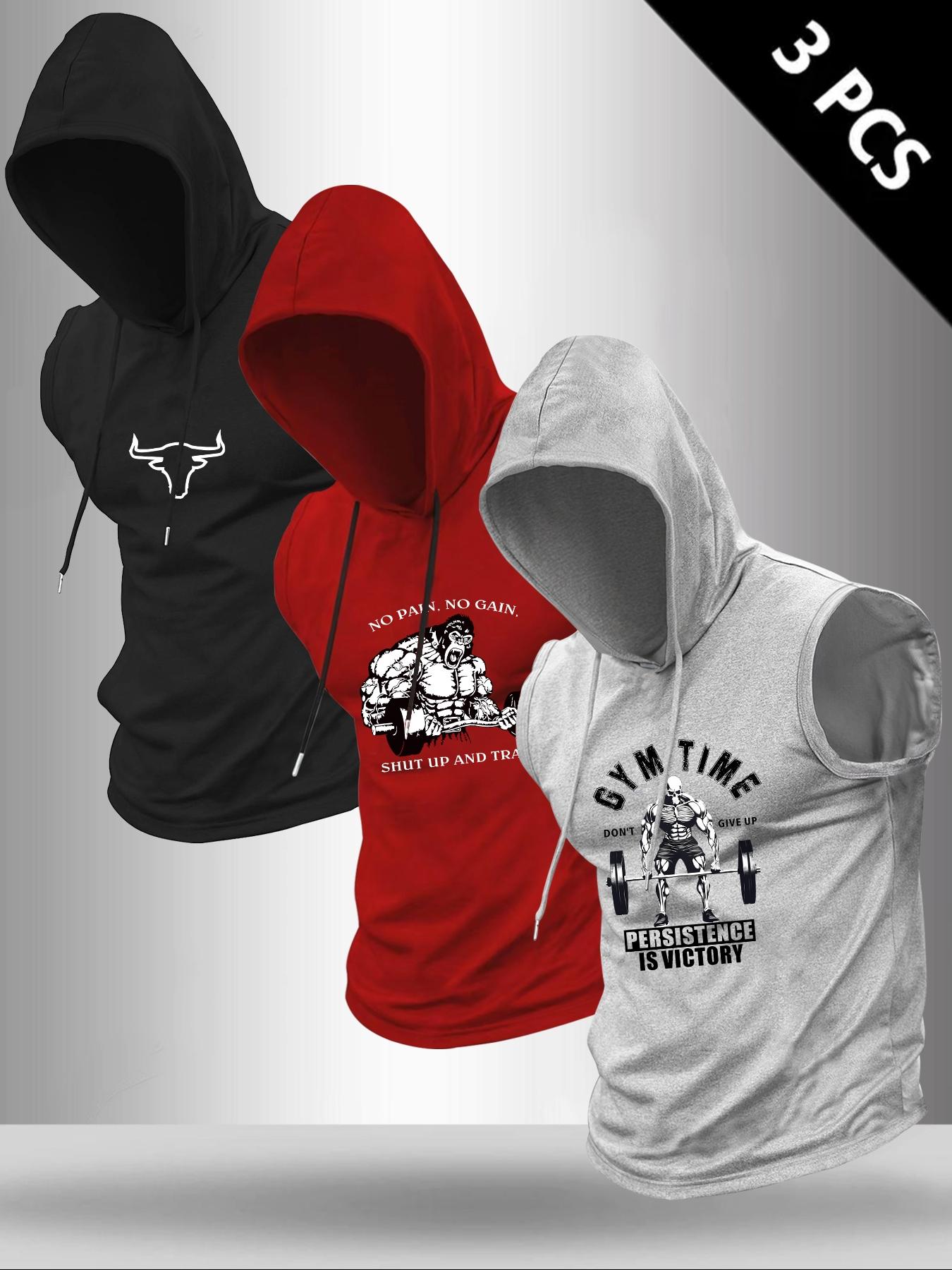 Men's 3-Piece Set Letter Print Hooded Sleeveless T-Shirt, Casual Comfortable Summer Outdoor Fitness Vest, Fitted Style